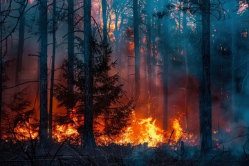 A dramatic image of a forest fire, showcasing intense flames amidst towering trees and billowing smoke.