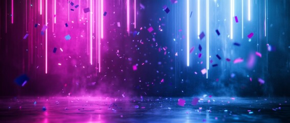 Vivid abstract digital background showcasing a neon blue and purple gradient with confetti falling in a festive atmosphere