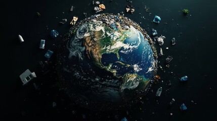 A planet covered in trash and debris. The planet is surrounded by a lot of garbage, including a lot of plastic