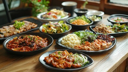 Fototapeta premium A group of dishes on a wooden table for a festive meal.