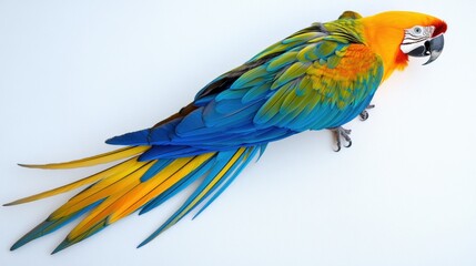 Fototapeta premium Colorful macaw parrot with vibrant feathers isolated on white background, ideal for tropical and exotic design projects.