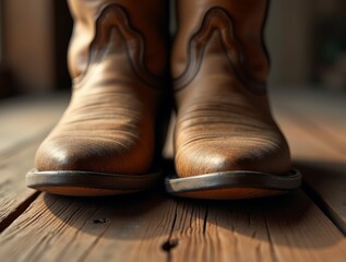 Close-up of worn cowboy boots with intricate leather texture and stitching, placed on a rustic wooden floor, illuminated by warm natural light, evoking a vintage western feel.