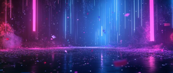 Vivid abstract digital background showcasing a neon blue and purple gradient with confetti falling in a festive atmosphere