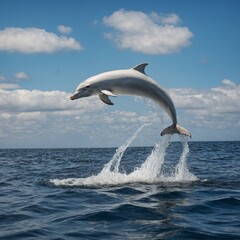 Obraz premium A graceful white dolphin leaping from a silver-white ocean.