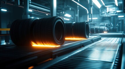 Futuristic Warehouse with Racing Tires on Conveyor Belt System