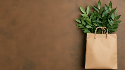 Plant in a paper bag placed on a brown textured background for natural aesthetic display