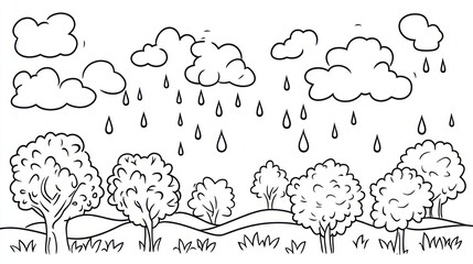 Fototapeta premium Rainy day, trees, clouds, landscape, nature, children's book illustration