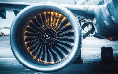 Hyper-realistic close-up of airplane engine turbine blades dramatic lighting metallic textures at airport terminal