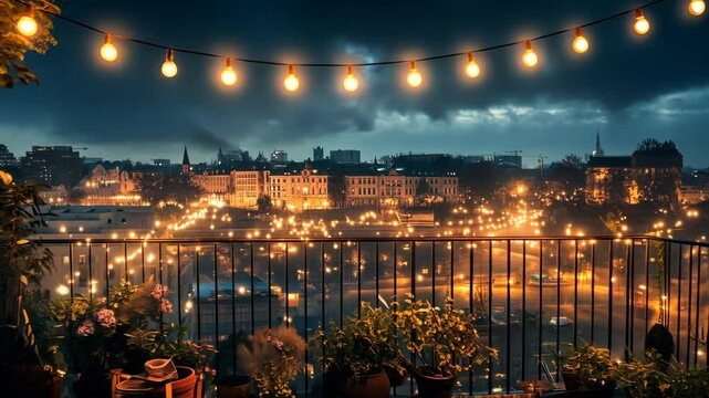 City skyline illuminated at night from a balcony with string lights and vibrant city life below
