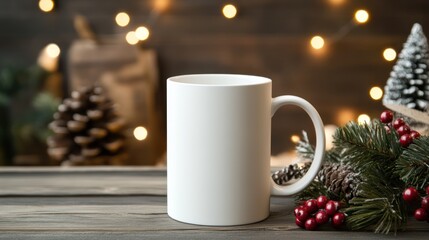 Cozy Christmas Mug Mockup: White Mug on Wooden Table with Festive Decorations