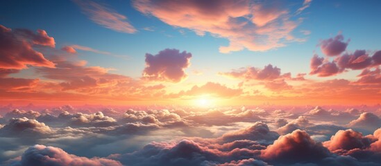 Beautiful aerial view above clouds with sunset