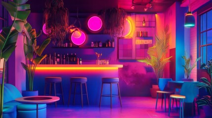 Neon Lit Tropical Bar Interior at Night