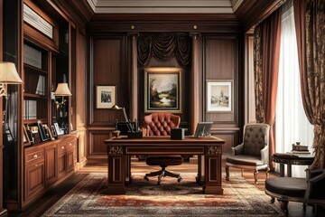 A traditional office adorned with rich textures, ornate furniture, and elegant decor. Utilize a warm color palette, intricate molding