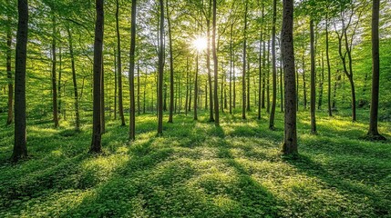 Obraz premium Sunlit Beech Forest, Spring, Nature, Calm, Wallpaper