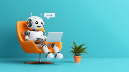 A delightful futuristic robot sits peacefully in a vibrant orange chair, engaging with technology in a serene, colorful environment.