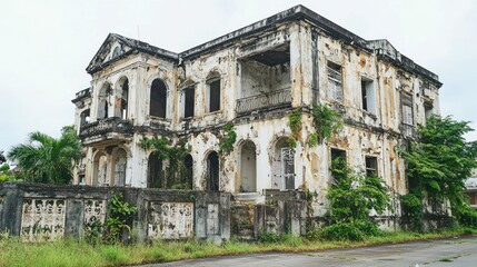 Obraz premium A once-grand building now in ruins and overgrown.