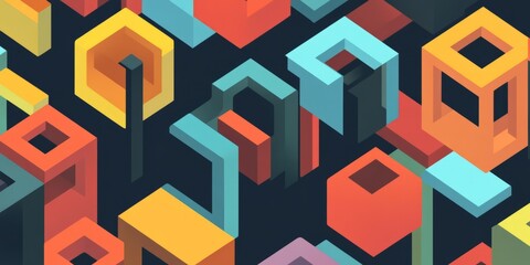 Colorful 3D geometric shapes creating an abstract pattern against a dark backdrop, showcasing modern design and creativity.