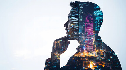 Reflecting on Ideas: A Double Exposure Portrait of an Engineer Amidst a Cityscape's Vibrant Lights and Urban Ambience