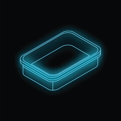 Blue neon food container glowing on a black background