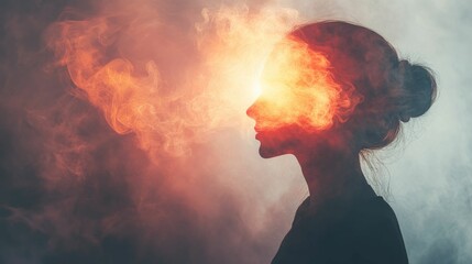 Mystical silhouette of a woman surrounded by light and smoke