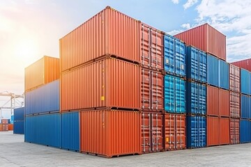 Colorful Cargo Containers Stacked at Shipping Terminal Under Clear Sky During Sunset