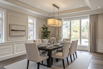 A transitional dining room blending classic warmth with contemporary clean lines. Opt for a neutral color scheme, streamlined furniture pieces