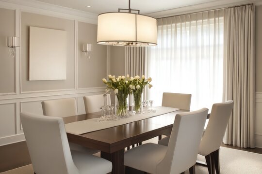 A transitional dining room blending classic warmth with contemporary clean lines. Opt for a neutral color scheme, streamlined furniture pieces, and refined textiles. Integrate modern lighting fixtures