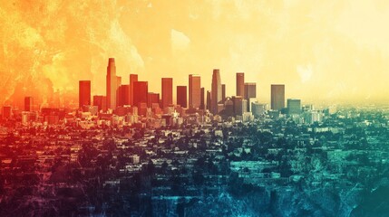 A stunning city skyline showcasing vibrant colors during sunset. The skyline features modern architecture set against a dramatic gradient sky, perfect for artistic projects.