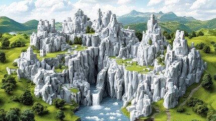 A sprawling, stone city nestled within a verdant valley, bisected by a river and waterfall