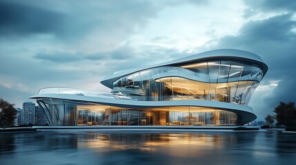 Obraz premium Sleek contemporary commercial complex with flowing futuristic details and golden highlights