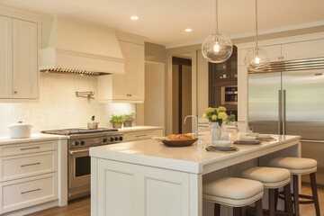 Fototapeta premium A transitional kitchen blending classic warmth with contemporary clean lines. Opt for a neutral color scheme, streamlined cabinetry, and refined materials. Integrate modern appliances