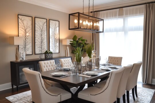 A transitional dining room with a blend of classic and modern elements. Use a neutral color scheme, streamlined furniture, and elegant textiles. Incorporate contemporary lighting