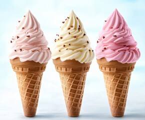 Ice Cream Cone Set Vanilla Chocolate Strawberry Close Up Hyper Realistic Colorful Dessert