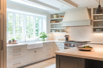 Fototapeta premium A transitional kitchen blending classic warmth with contemporary clean lines. Opt for a neutral color scheme, streamlined cabinetry, and refined materials. Integrate modern appliances