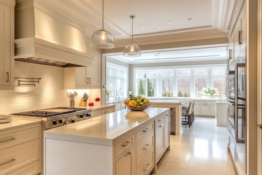A transitional kitchen blending classic warmth with contemporary clean lines. Opt for a neutral color scheme, streamlined cabinetry, and refined materials. Integrate modern appliances