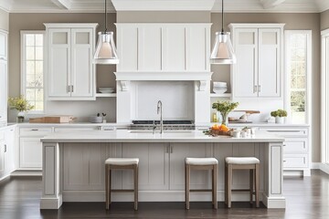 A transitional kitchen blending traditional warmth with contemporary clean lines. Use a neutral color palette, streamlined cabinetry, and elegant materials. Incorporate modern lighting, classic decor