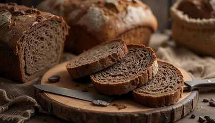 Close-up of sliced dark rye bread on rustic wooden board with knife, showcasing its texture and delicious crumb, alongside loaves in background