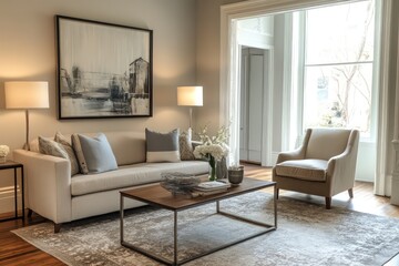 A transitional living room blending classic warmth with contemporary clean lines. Opt for a neutral color scheme, streamlined furniture pieces, 