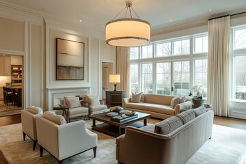 A transitional living room blending classic warmth with contemporary clean lines. Opt for a neutral color scheme, streamlined furniture pieces