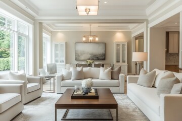 A transitional living room blending classic warmth with contemporary clean lines. Opt for a neutral color scheme, streamlined furniture pieces,