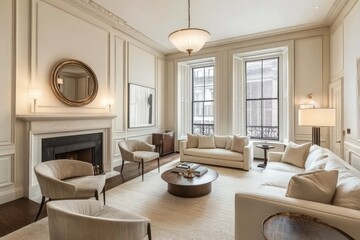A transitional living room blending classic warmth with contemporary clean lines. Opt for a neutral color scheme, streamlined furniture pieces