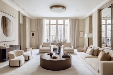 A transitional living room blending classic warmth with contemporary clean lines. Opt for a neutral color scheme, streamlined furniture pieces,