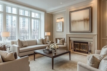 A transitional living room blending classic warmth with contemporary clean lines. 