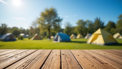 Wooden table in front of blurry background of camping tents in sunny green field