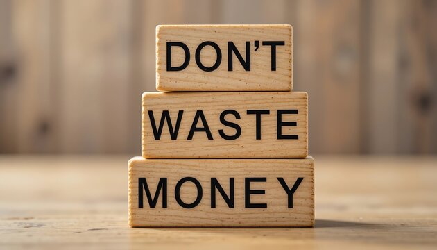 Wooden blocks stacked on a table with the message 'Don't waste money' urging financial responsibility and wise spending habits.