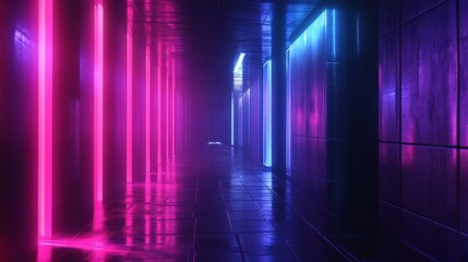 Naklejka premium Pink And Blue Neon Lights In A Wet Futuristic Corridor