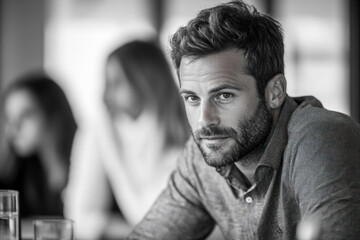 Man sitting at table with glass of water, deep in thought. Surrounding walls adorned with artistic paintings, creating an introspective atmosphere.