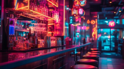 Fototapeta premium Vibrant Neon Bar Interior at Night with Pink and Blue Lighting