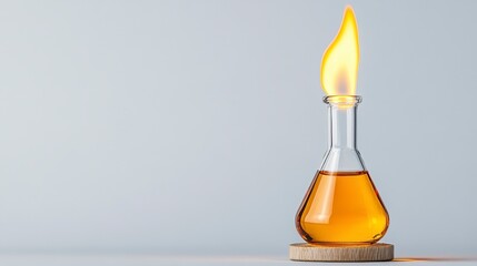 Amber Liquid Burning in Glass Flask on Wooden Base