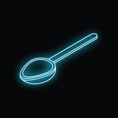 Blue neon sign depicting a spoon glowing on a black background